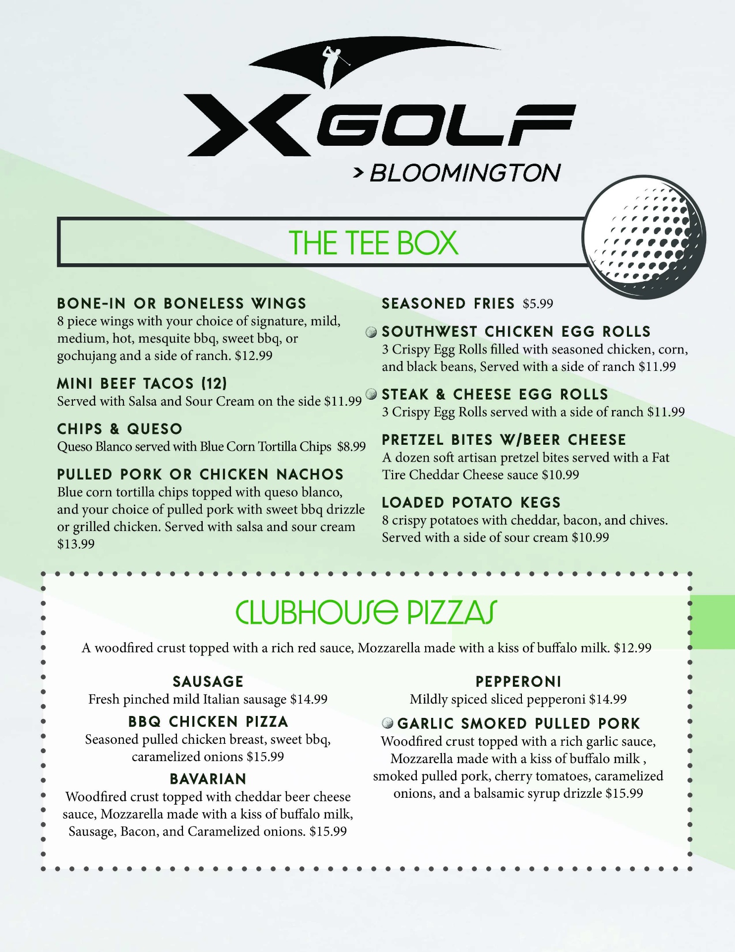X-Golf Bloomington food menu — page 1: The Tee Box and Clubhouse Pizzas