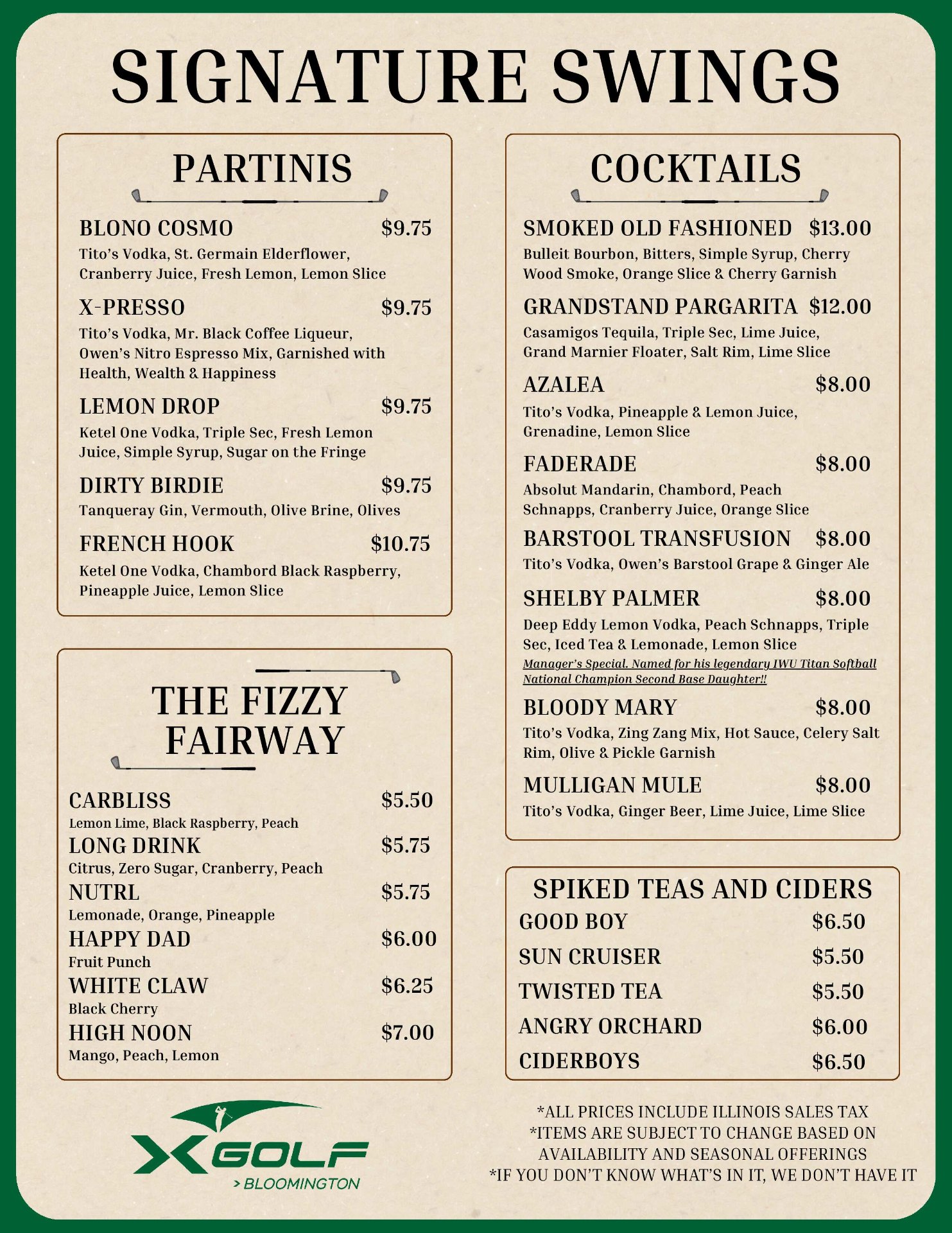 X-Golf Bloomington drink menu — Signature Swings: partinis, cocktails, fizzy fairway, spiked teas and ciders