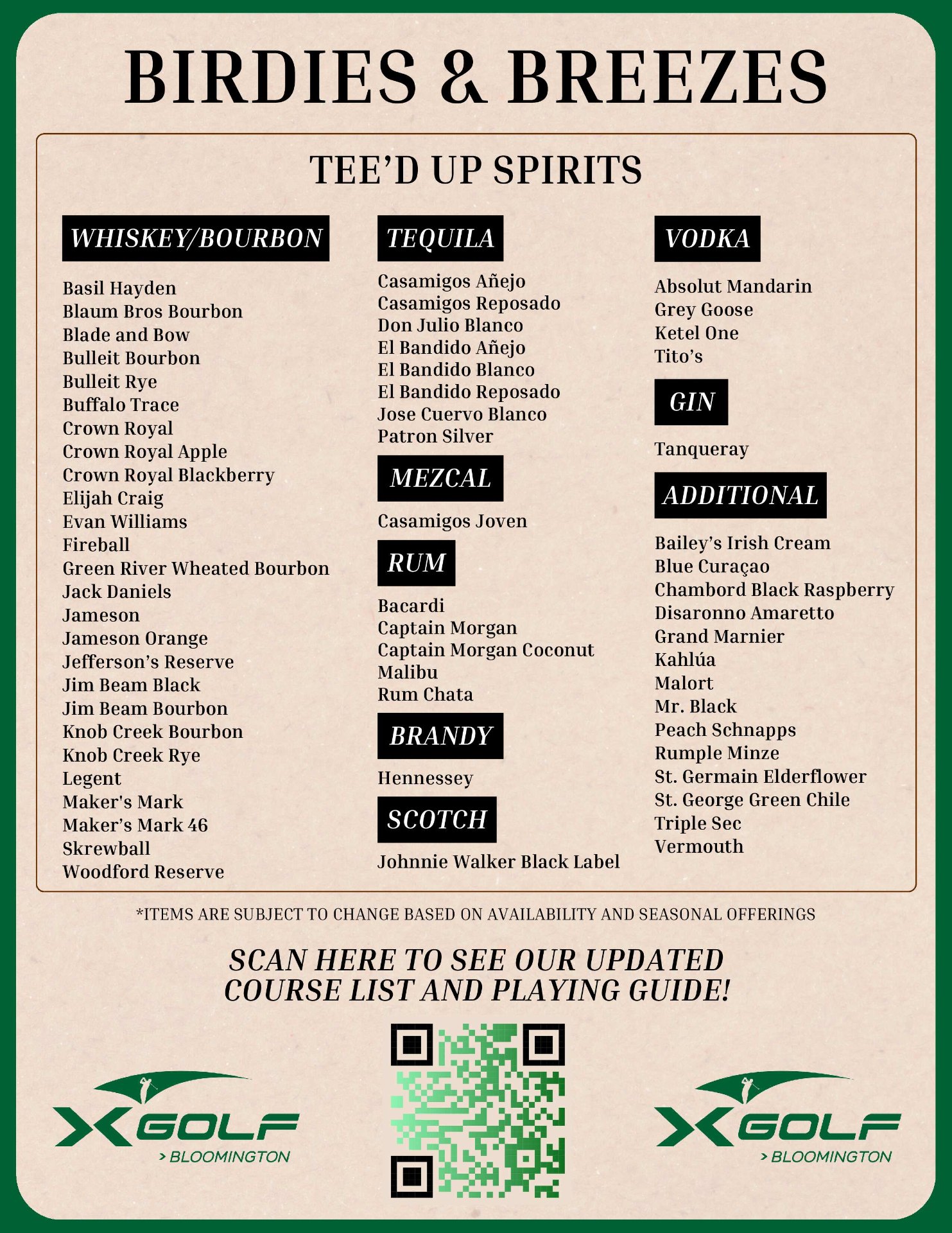 X-Golf Bloomington drink menu — Birdies & Breezes: tee'd up spirits
