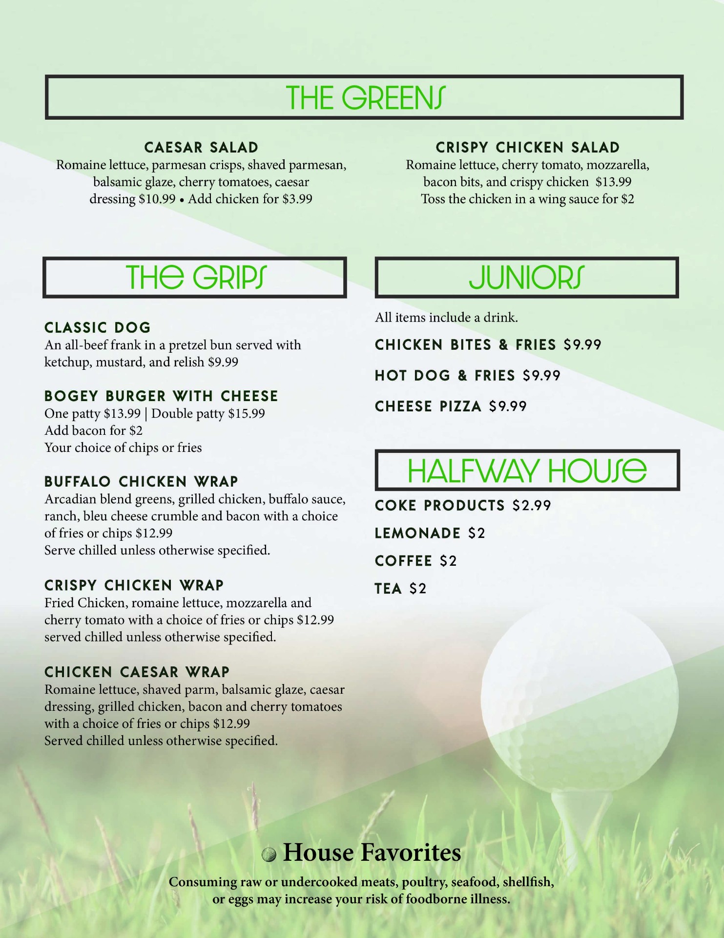 X-Golf Bloomington food menu — page 2: The Greens, The Grips, Juniors, Halfway House