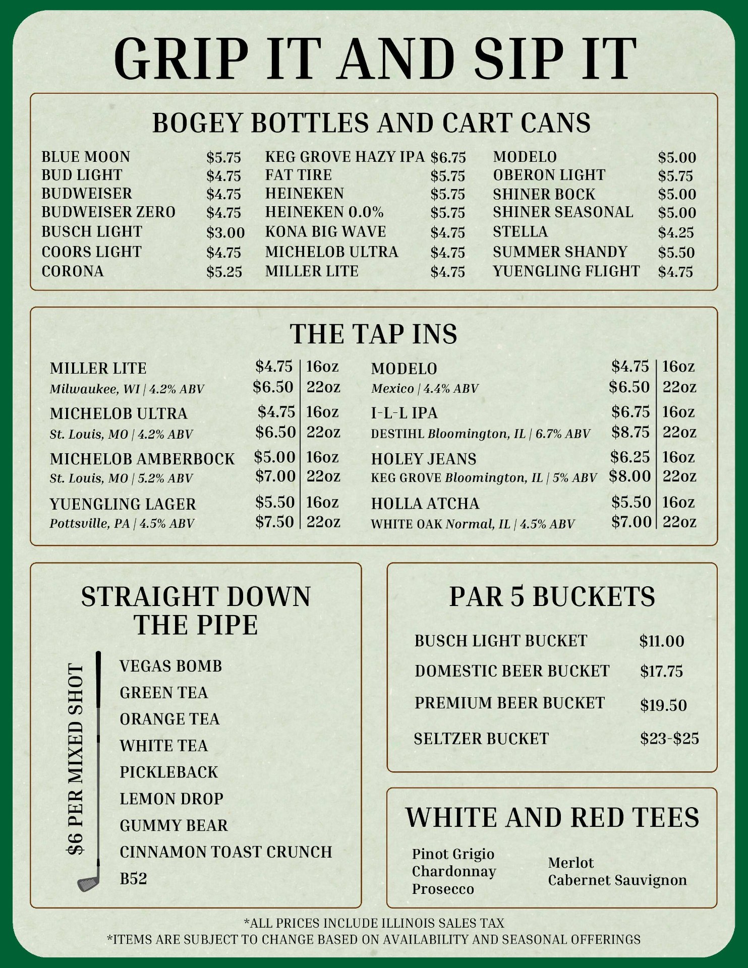 X-Golf Bloomington drink menu — Grip It and Sip It: bottles, cans, taps, shots, buckets, wine